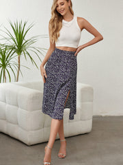 Floral Print Split Thigh Skirt High Waist Midi Skirt