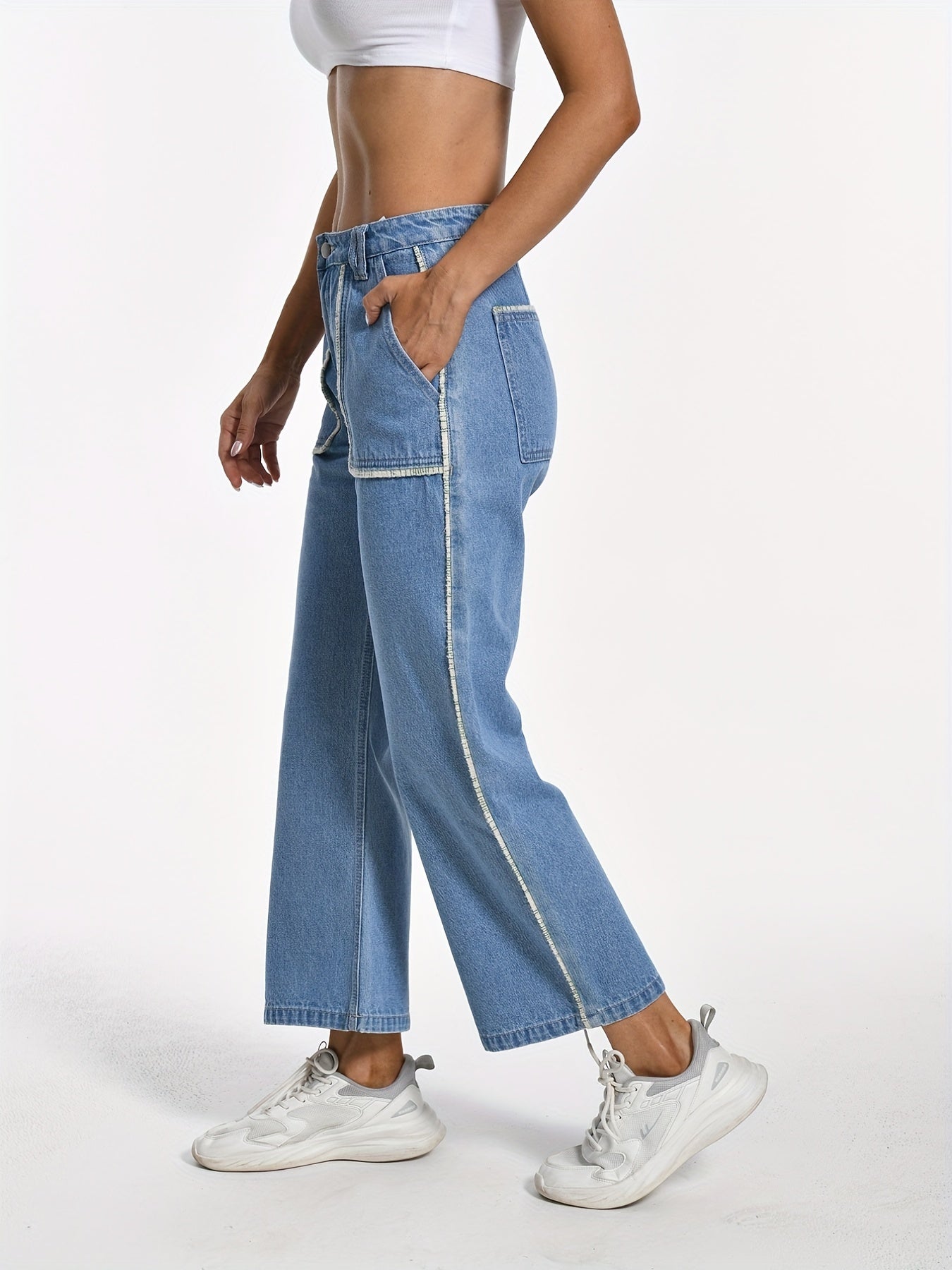 Stripes Trim Loose Jeans Straight Denim Pants Women's Clothing