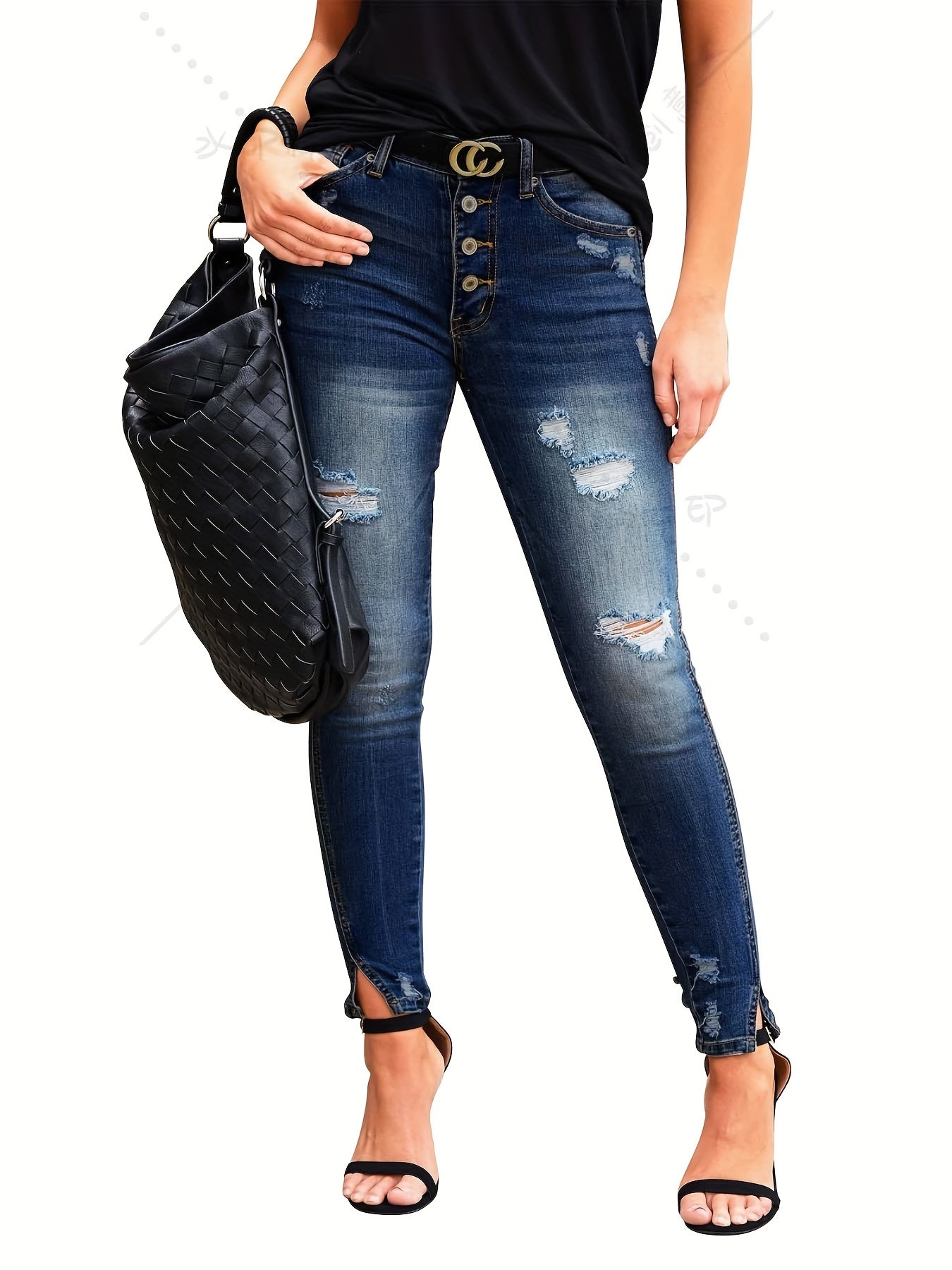 Distressed Skinny Fit Jeans Ripped High Waist Stretchy Denim Pants