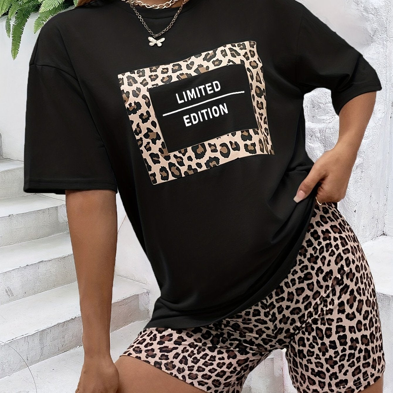 Leopard Print Two Piece Set Casual Short Sleeve T shirt & Skinny Shorts