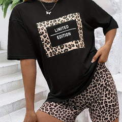Leopard Print Two Piece Set Casual Short Sleeve T shirt & Skinny Shorts