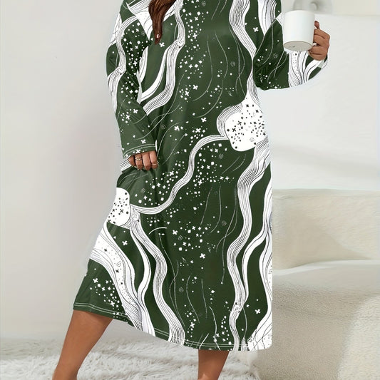 Lounge Dress Women's Plus Random Print Long Sleeve Crew Neck Sleep Dre