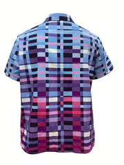 Plaid & Ombre Print Button Up Short Sleeve Blouse