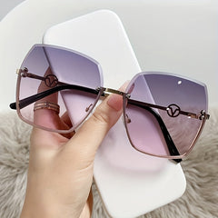 Oversized Gradient Lens Sunglasses Metal Temple Rimless Glasses UV400