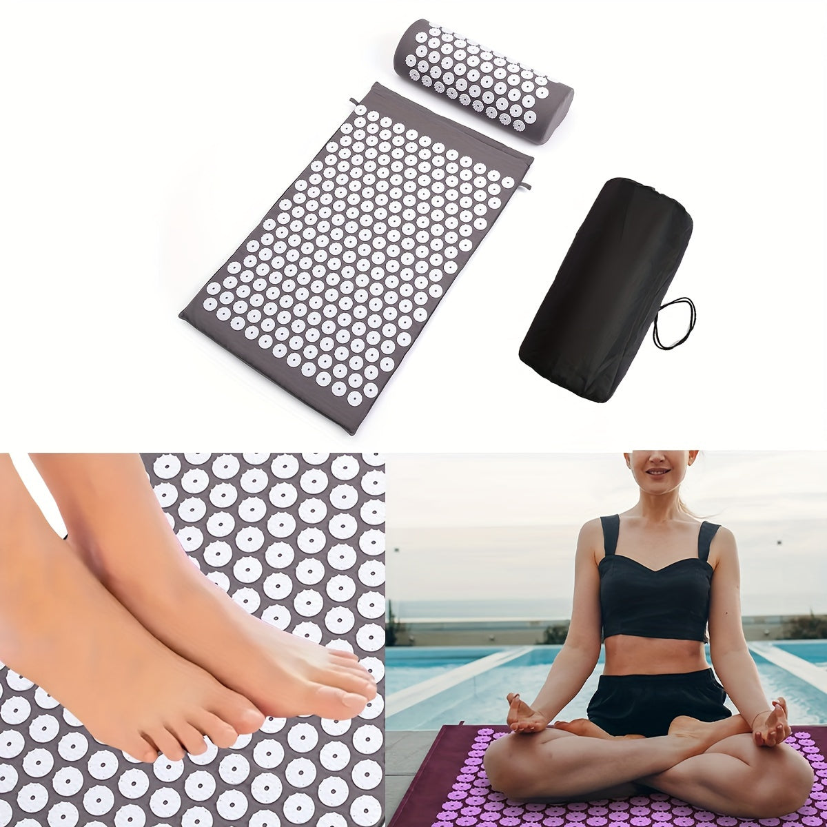 3pcs Dark Grey Yoga Mat Acupressure Pillow Bag