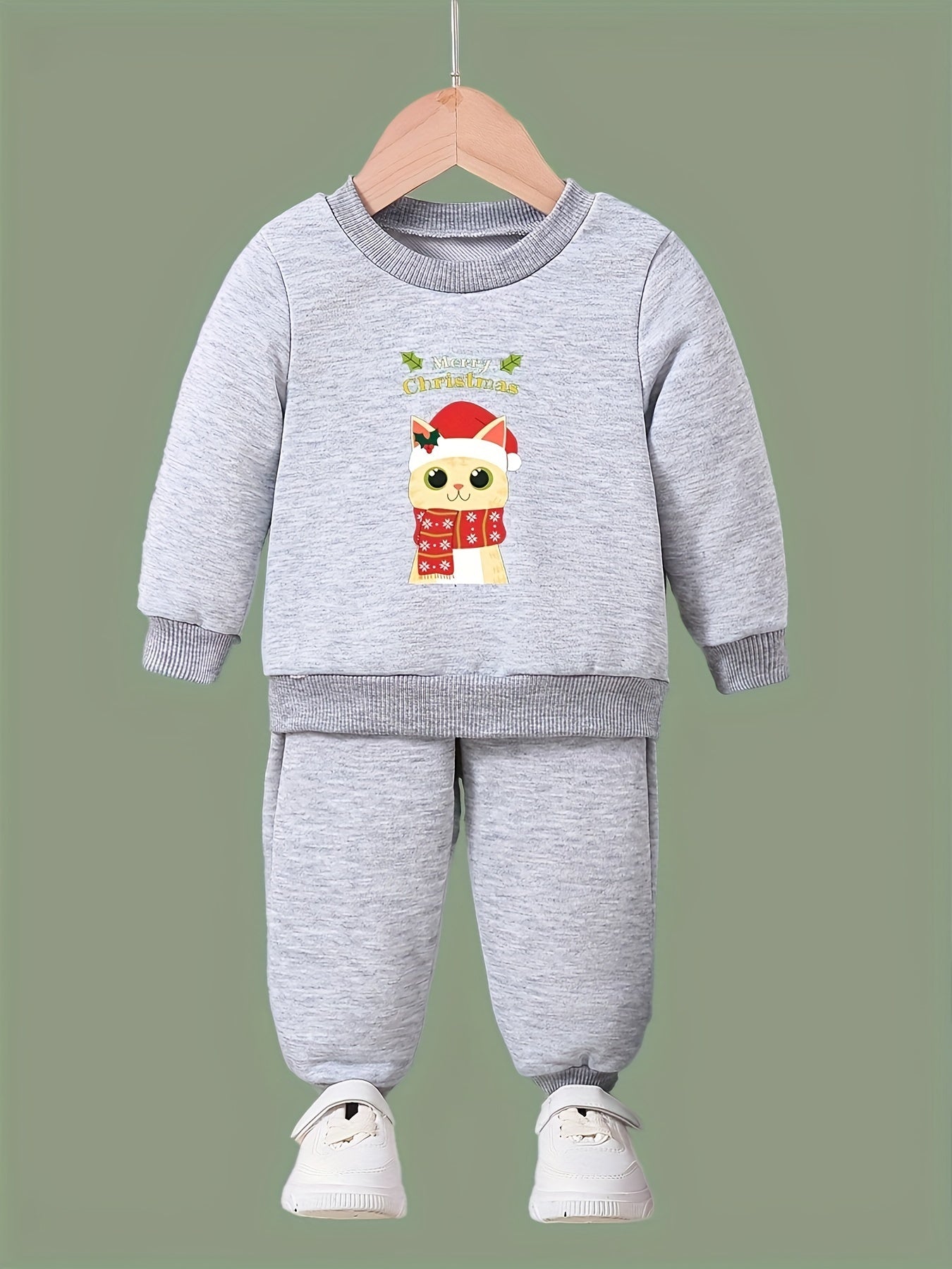 Girls 2pc Christmas Cat Crew Neck Sweatshirt Set