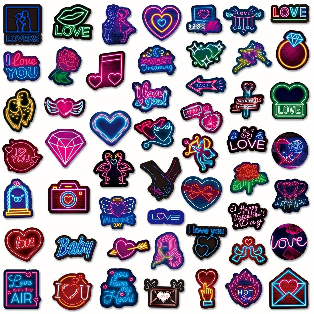 50pcs Neon Light Sweet Love Series Graffiti Stickers - Waterproof DIY Sticker