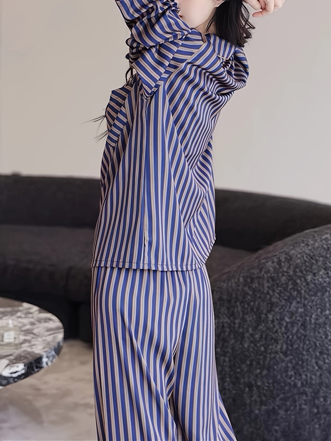Stripe Print Pajama Set Button Up Top & Pants