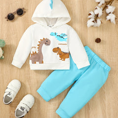 Dino Print Hooded Pullover & Pants Set Child's Casual Outfit