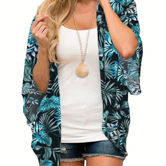 Tropical Print Short Sleeve Open Front Cardigan
