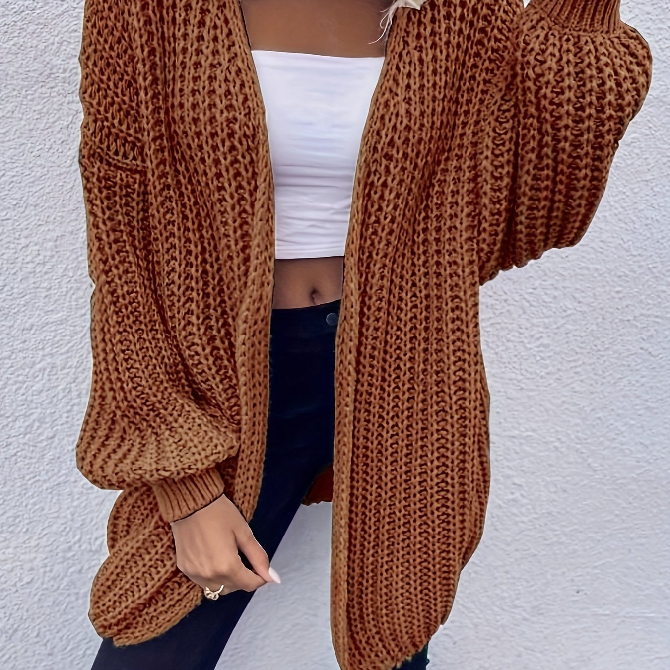 Solid Lantern Sleeve Chunky Knitted Cardigan