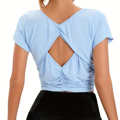 Solid Argyle Pleated Yoga Top with Hollow Back