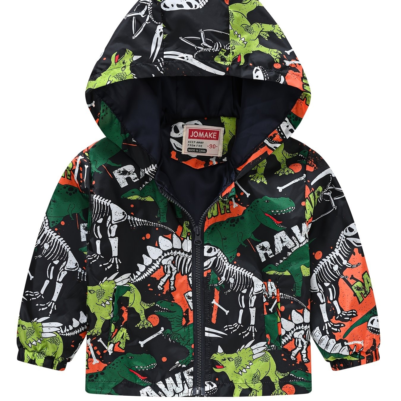 Kids Dino Print Zip Hoodie Cardigan Collar Jacket
