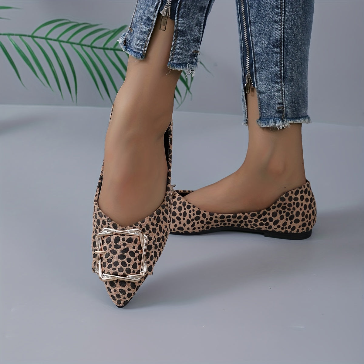 Leopard Print Flats Buckle Pointed Toe Slip On Ballet Flats