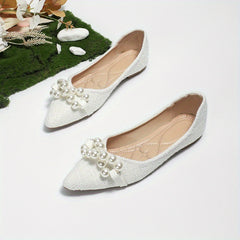 Women's Pointed Toe Flat Shoes with Faux Pearl Bowknot