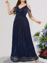 Sequin Fringe Trim V Neck Bridesmaid Dress