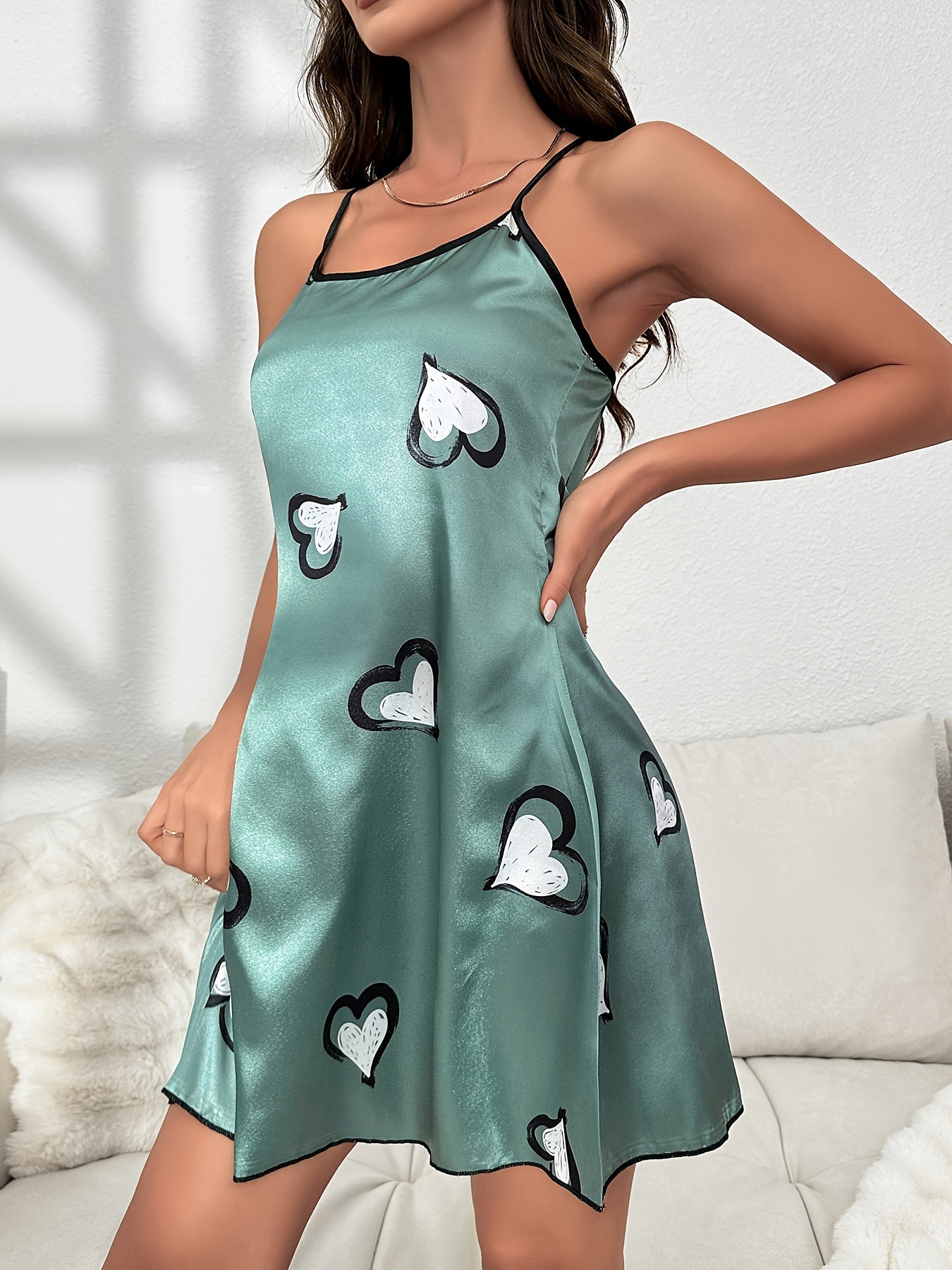Heart Print Nightdress Criss Cross Back Spaghetti Strap Sleep Dress
