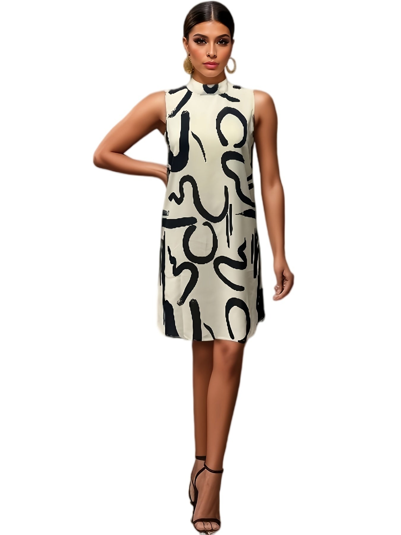 Abstract Print Mock Neck Dress Sleeveless Mini Dress