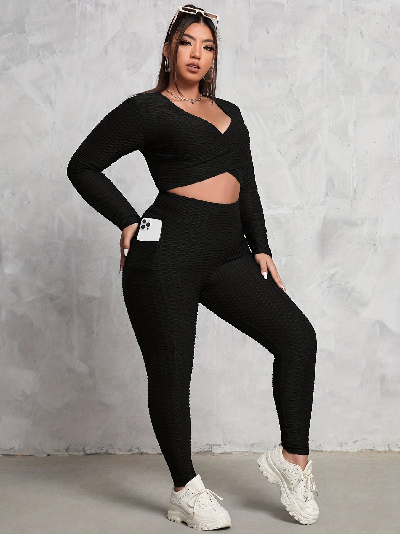 Honeycomb Textured Wrap Crop Top & Leggings Set
