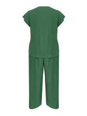 Solid Embroidery Tee & Wide Leg Pants Set