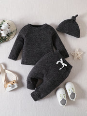 Baby 3pcs Set Ribbed Knitted Tops & Long Pants & Cap Cotton Clothes