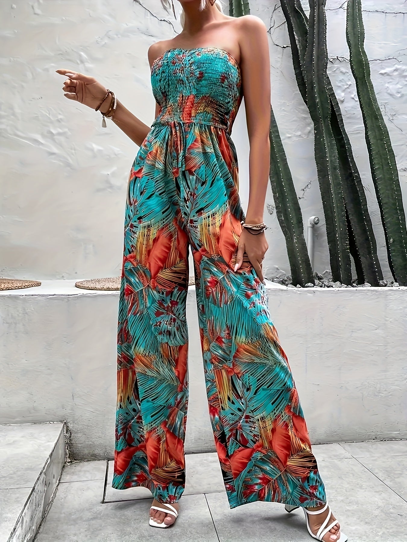 Print Shirred Wide Leg Jumpsuit Off Shoulder Sleeveless Jumpsuit