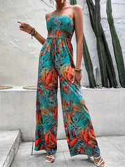Print Shirred Wide Leg Jumpsuit Off Shoulder Sleeveless Jumpsuit