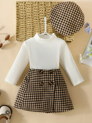 3pcs Toddler Girls Long Sleeve Top & Plaid Skirt & Hat Set
