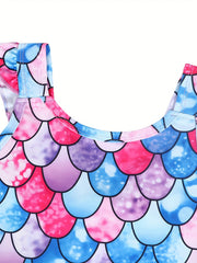 Girls Mermaid Fish Scale Print One Piece Swimsuit Sleeveless Camisole Dress