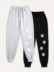 2 Pack Women's Plus Size Paw Print Sports Pants Elastic Drawstring Fitness