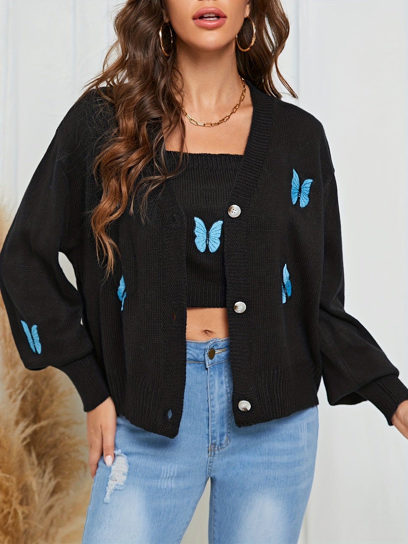 Butterfly Print Knit Two Piece Set Cami Top & Cardigan