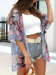 Women's Plus Floral Print Bat Sleeve Cover Up Cardigan