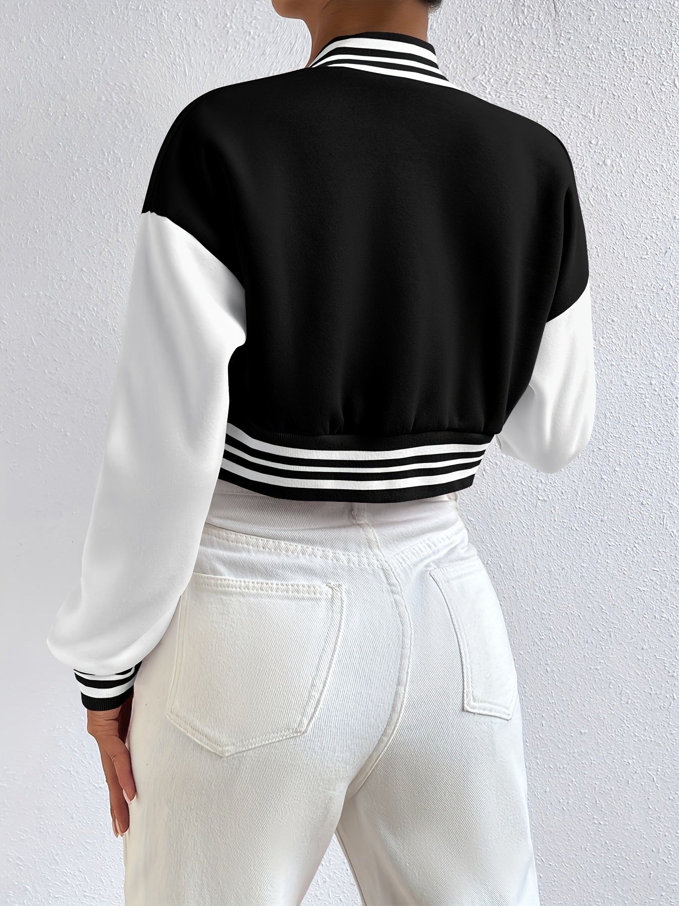 Preppy Cropped Baseball Neck Jacket Women's Clothing