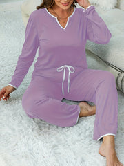 Contrast Trim Tee & Lace Up Pants Lounge Set Pajama