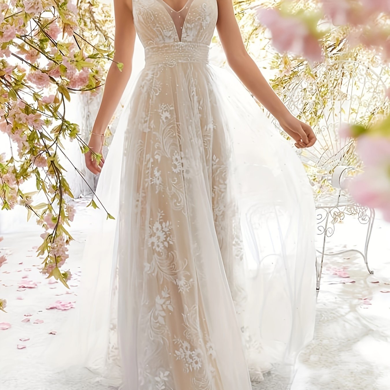 Pleated High Waist Wedding Dress V Neck Sleeveless Maxi Dress