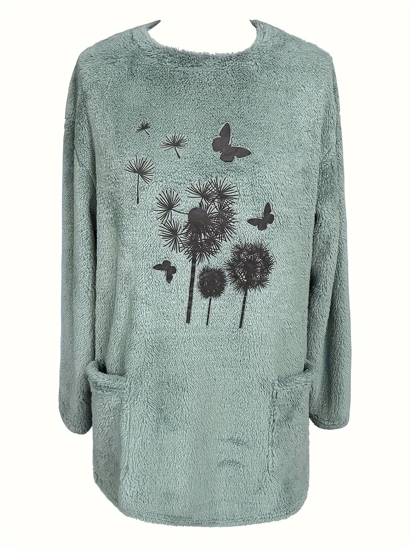 Butterfly Plant Print Pullover Sweatshirt Furry Casual Sweatshirt
