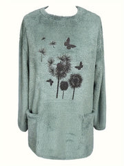 Butterfly Plant Print Pullover Sweatshirt Furry Casual Sweatshirt