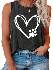 Heart & Paw Print Round Neck Tank Top