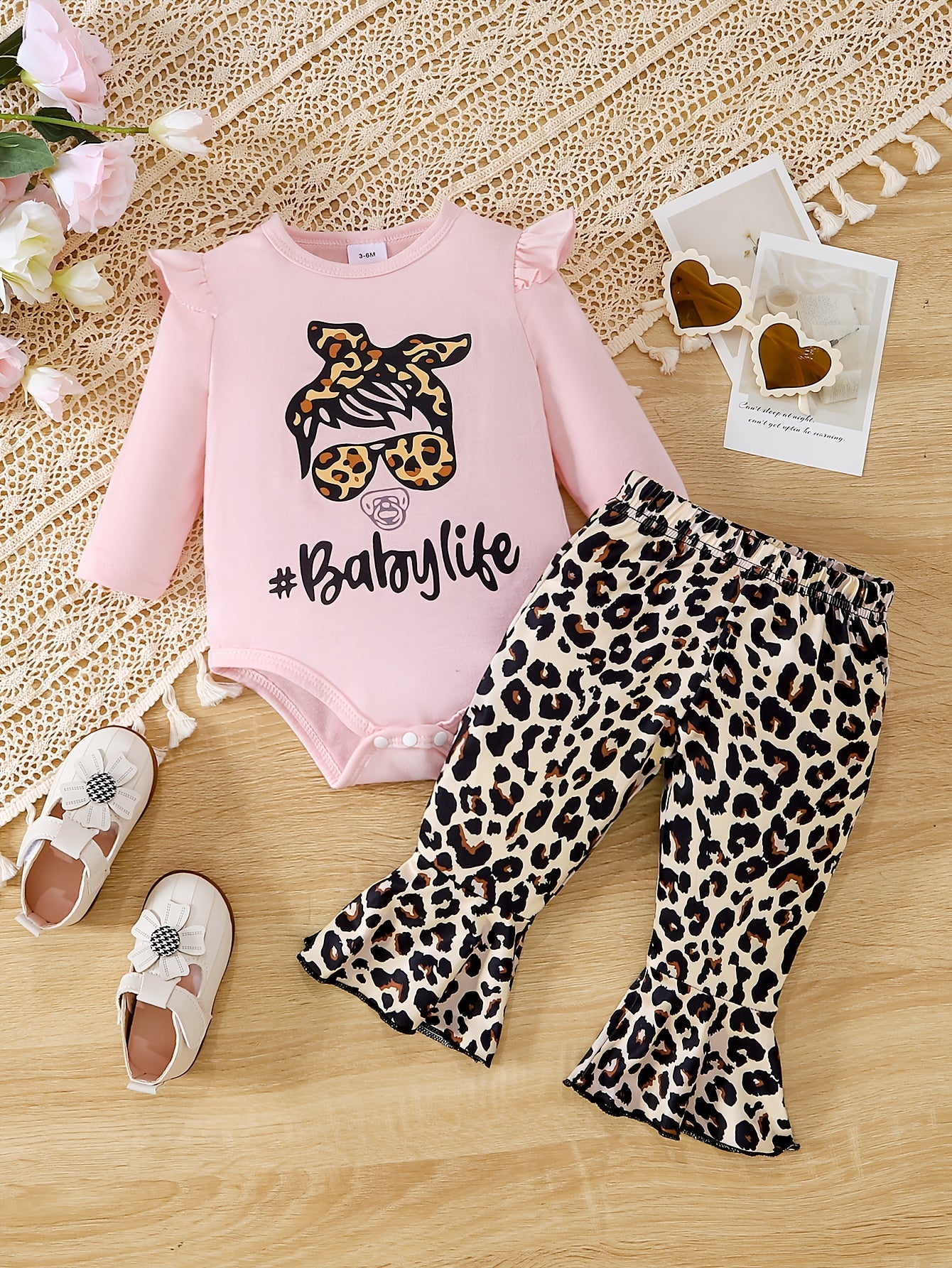 Leopard Letter Print Baby Set Long Sleeve Romper Flare Pants 2pcs