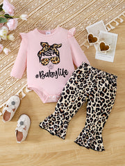 Leopard Letter Print Baby Set Long Sleeve Romper Flare Pants 2pcs