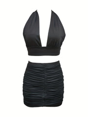 Solid Stretchy Party Two Piece Set Halter Neck Sleeveless Tops & Pleated Bag Hip