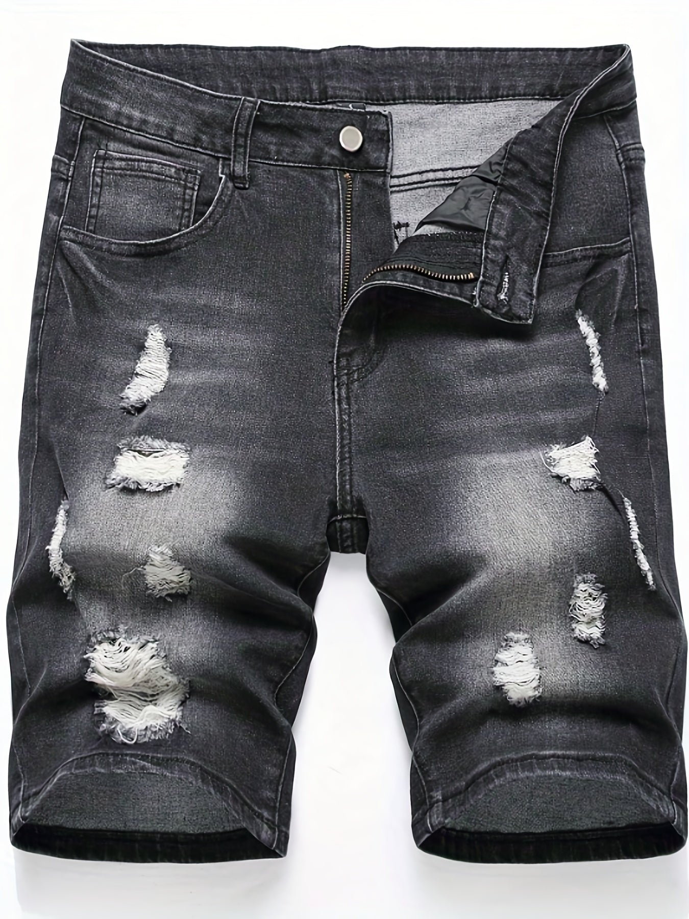 Men's Ripped Denim Shorts High Stretch Distressed Street Style