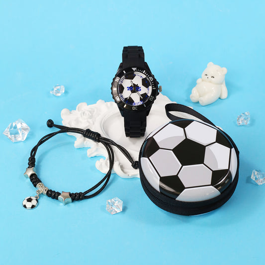 3pcs Boys' Quartz Watch Set Sports Style Soft Silicone Strap Football Watch