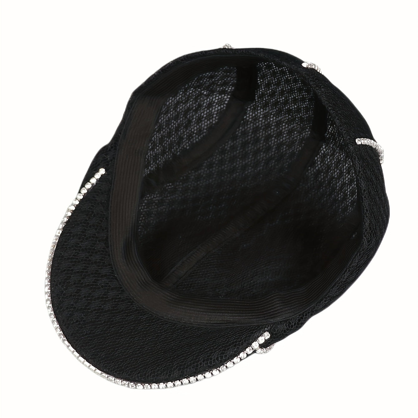 Rhinestone Decor Lace Beret Flat Hat Hollow Out Lightweight Cap For Women
