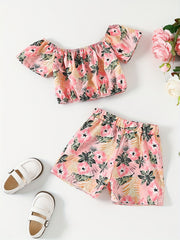 Girls Tropical Leaf Graphic Crop Top & Shorts Set for Summer Party
