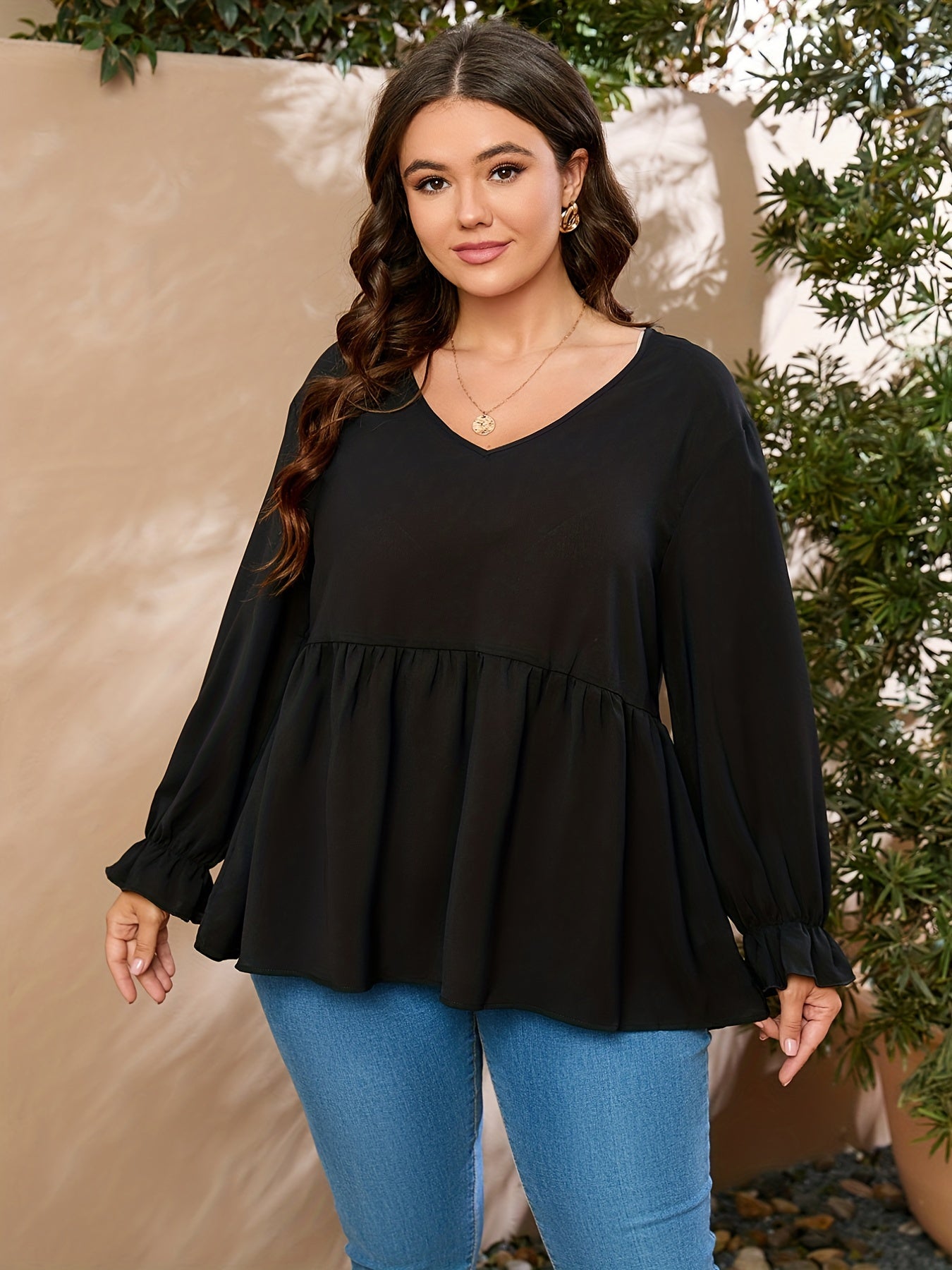 V Neck Ruffle Trim Long Sleeve Blouse