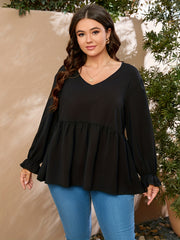 V Neck Ruffle Trim Long Sleeve Blouse