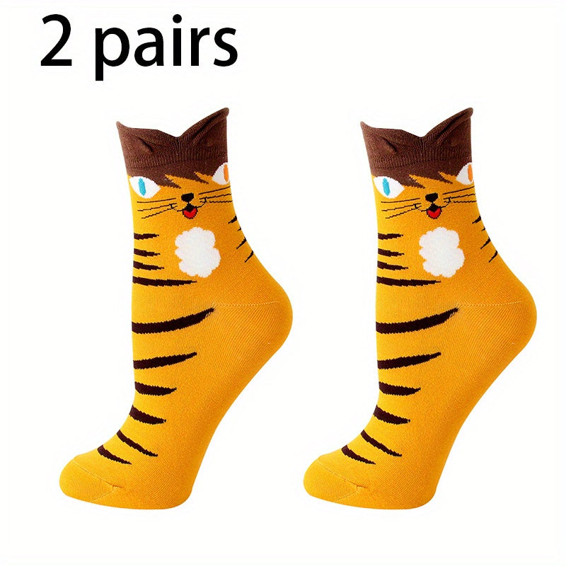 2 Pairs Cartoon Cat Print Socks Women's Stockings