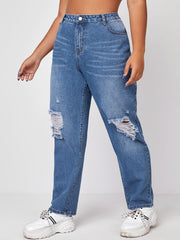 High Rise Ripped Straight Leg Jeans Women's Plus