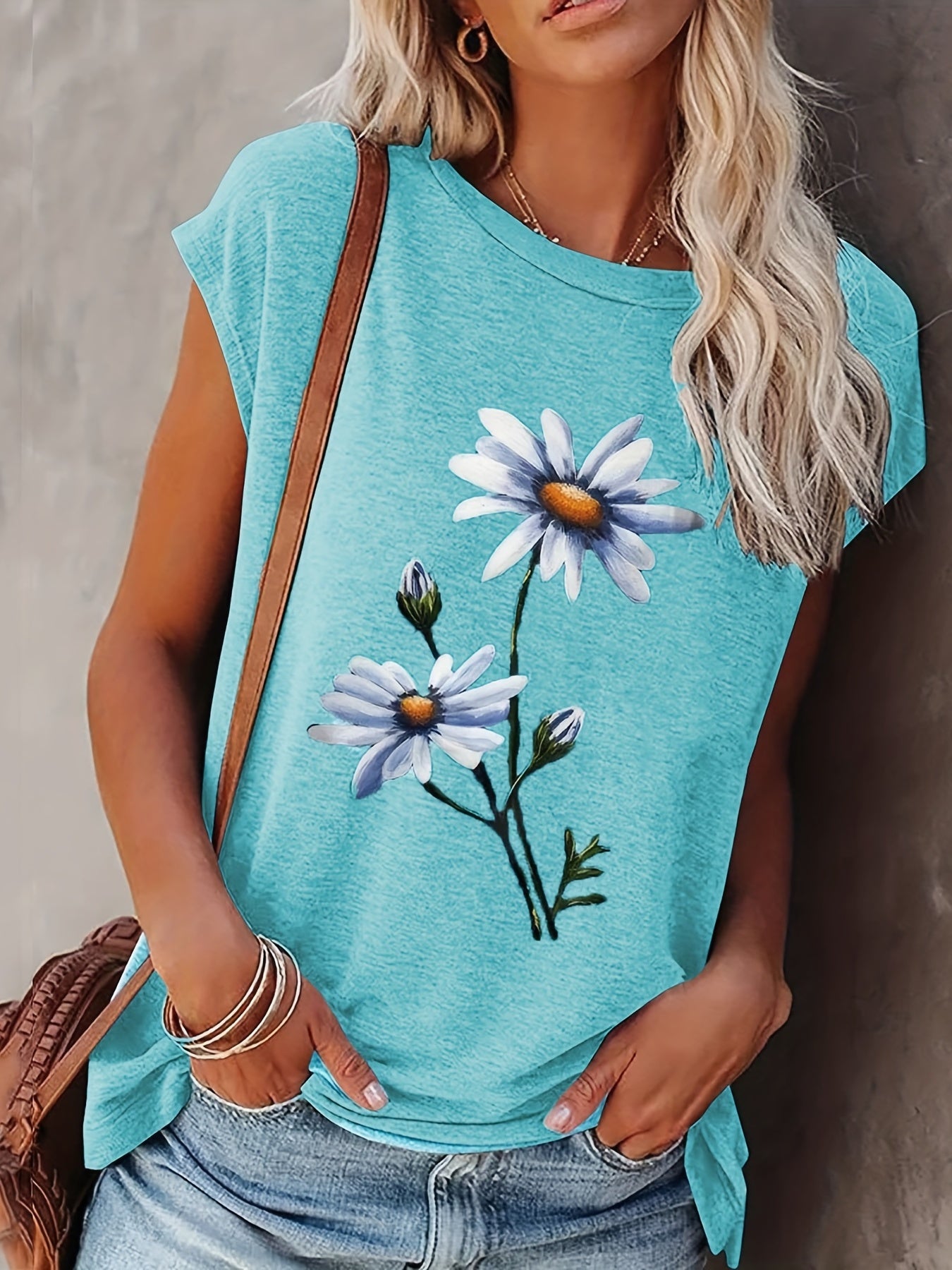 Floral Print Cap Sleeve Top Summer Crew Neck Casual Top